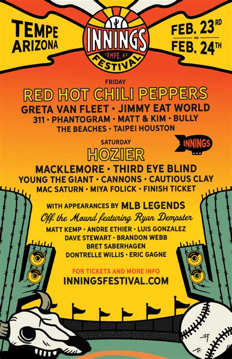 Extra innings festival 2024 - Extra Innings Festival - 2-Day Cabanas. The 2-Day Cabana Ticket allows you admittance to Tempe Beach Park & Arts Park for both days of the festival, March 1-2, 2024 and includes all the amenities of VIP and GA along with:. Dedicated cabana suite for 10 guests (Upper) or 30 guests (Lower) at Home Plate …